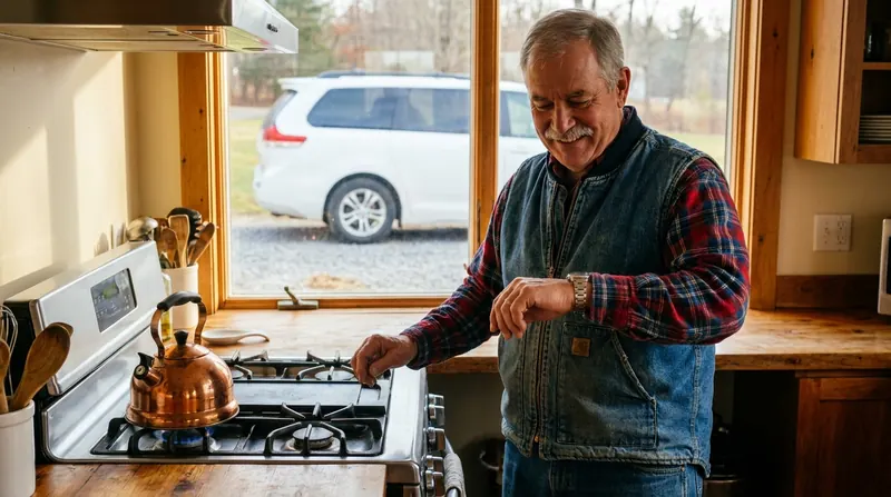 A man in his sixties in a denim vest standing at a sunny kitchen stove beside a copper kettle, checking his wristwatch