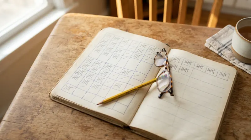 A hand-drawn weekly habit log grid on aged paper with pencil tally marks and a pencil resting on it