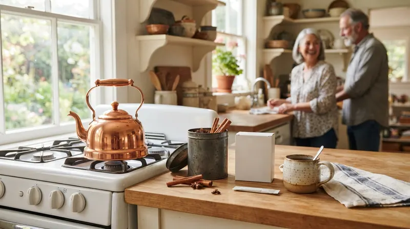 A copper kettle back on the stove beside a tin of cinnamon tea and a small box of powder sticks on a bright kitchen counter