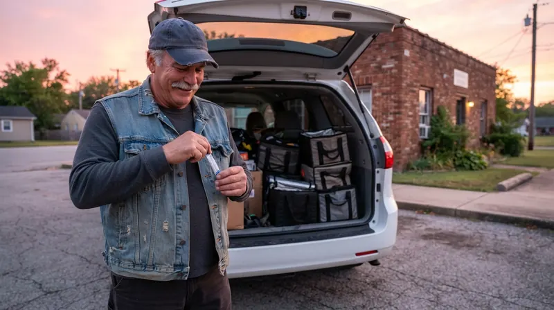 A man in his sixties in a denim vest standing at the open hatch of a white minivan at dawn, folding an empty powder stick into his pocket